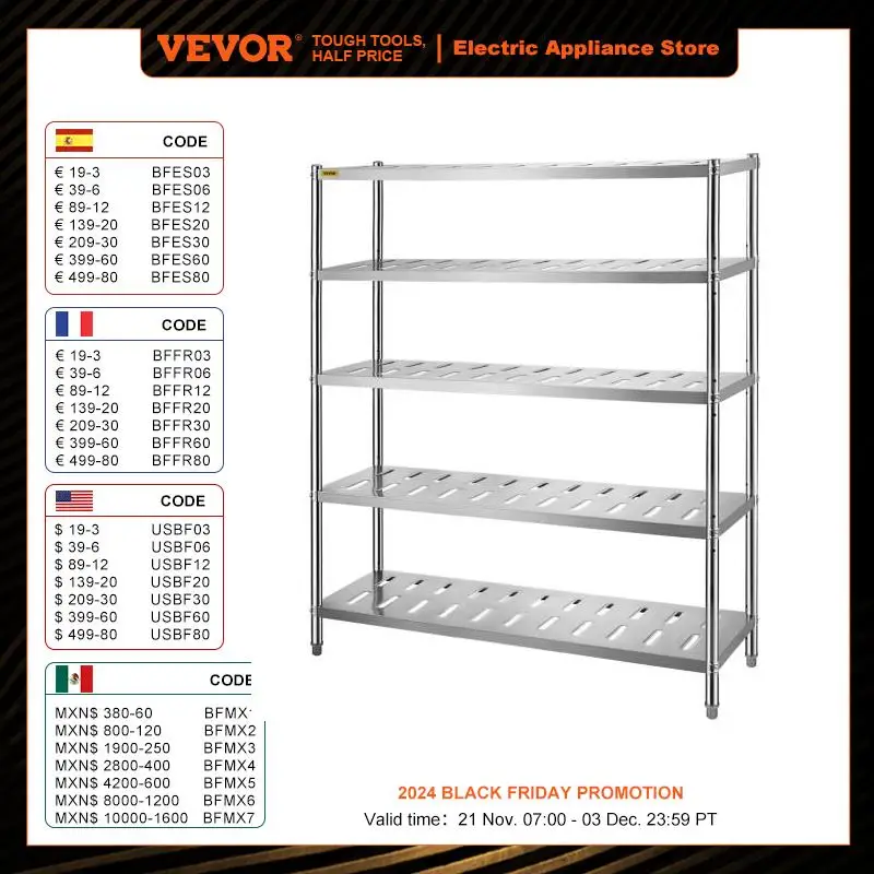 VEVOR Storage Shelf 4/5 Tier Storage Shelving Unit Stainless Steel  Heavy Duty Garage Shelf w/ Adjustable Height and Vent Holes