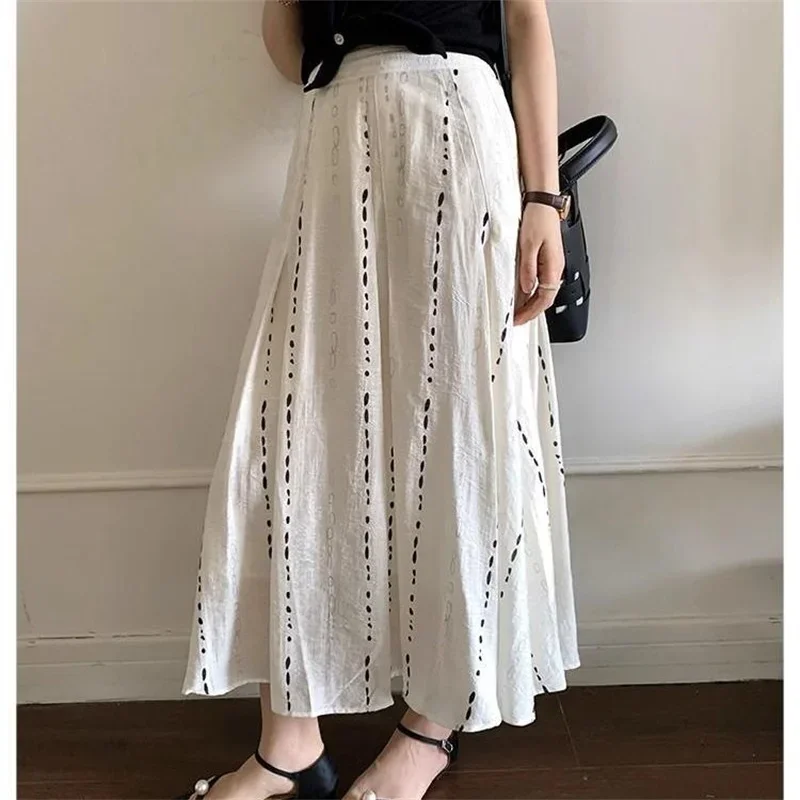 ฤดูร้อนใหม่ภาษาฝรั่งเศสคํากระโปรงผู้หญิงวินเทจแฟชั่นลายพิมพ์สูงเอว Casual หลวม A-Line Midi กระโปรง Elegant Jupe