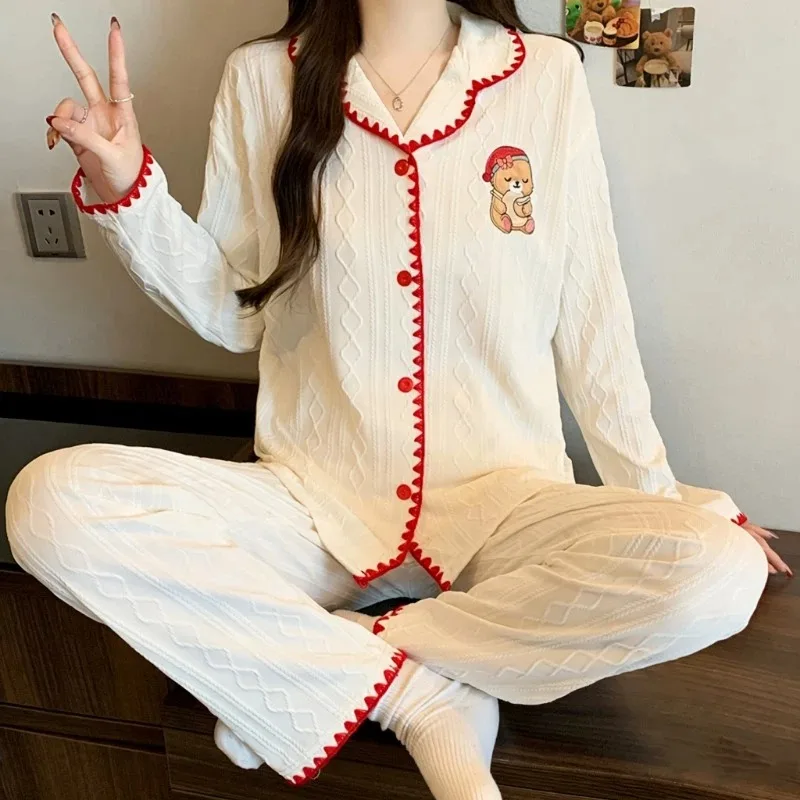 

Cartoon Cute Bear Eembroidery Women's Pajamas Set Spring New 2PCS/Set Sweet Kawaii Loungewear for Women Knit Trim Sleepwear