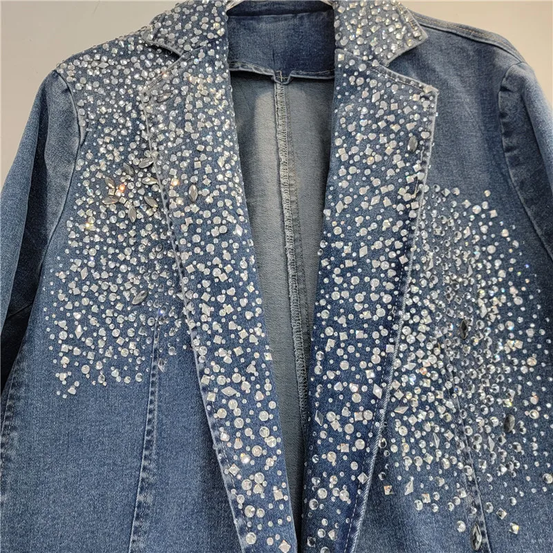 2024 Autumn New Elegant Classic Style High-Grade Super Beautiful Design Sense Rhinestone Denim Suit Jacket for Women Loose Coat