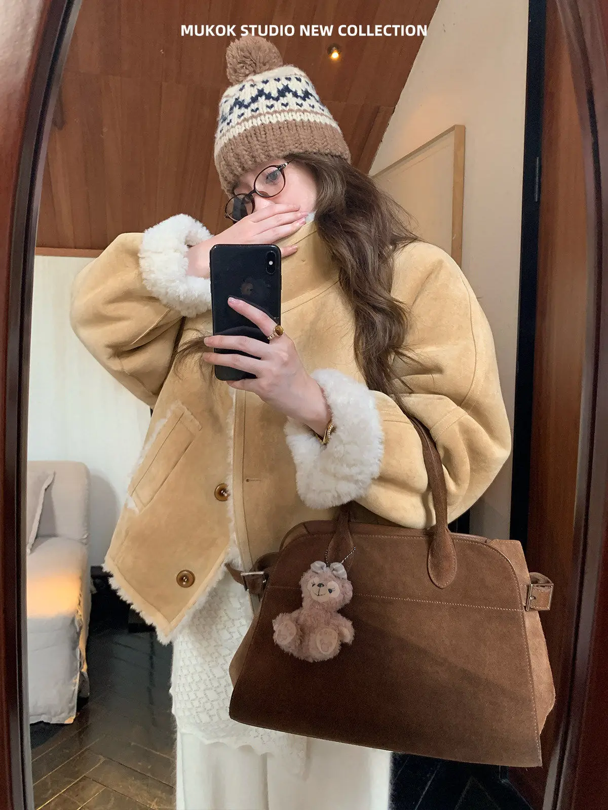 MUKOK Eco-Friendly Thiened Lamb Fur ort Jaet Color Blo Fur Leather Inteated Vintage Sle Women's Outerwear