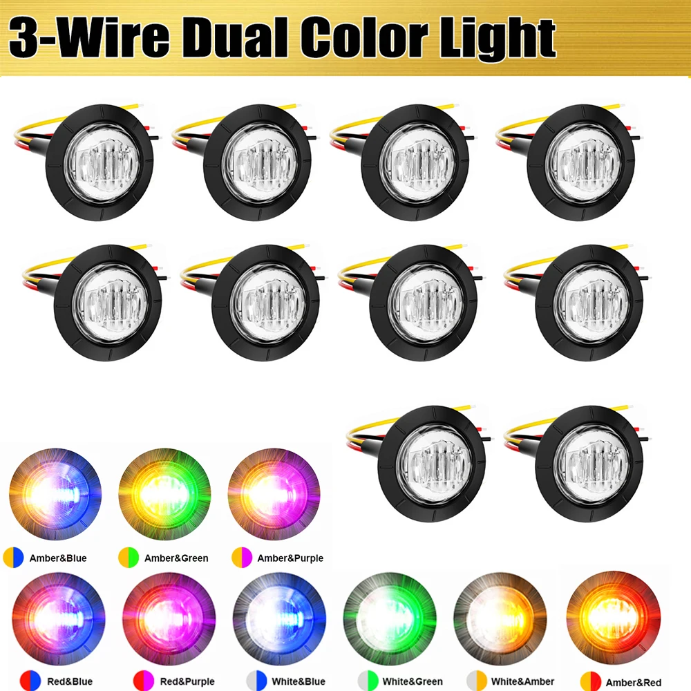 

PSEQT 10PCS Dual Color LED Side Marker Lights 3/4" Round Bullet Indicator Clearance Lamp For Truck Trailer Golf Cart UTV ATV RV