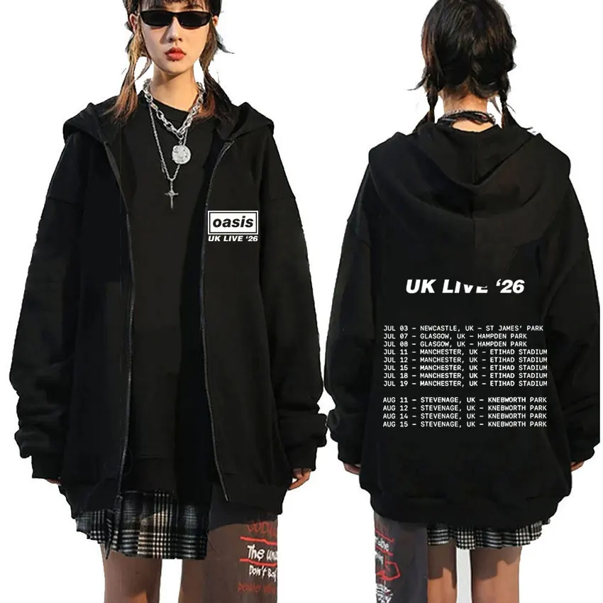 

British Rock O-Oasis Live 26 Tour 2026 Zipper Hoodie Men Fashion Hip Hop Zip Up Jacket Fleece Cotton Oversized Zip Up Sweatshirt
