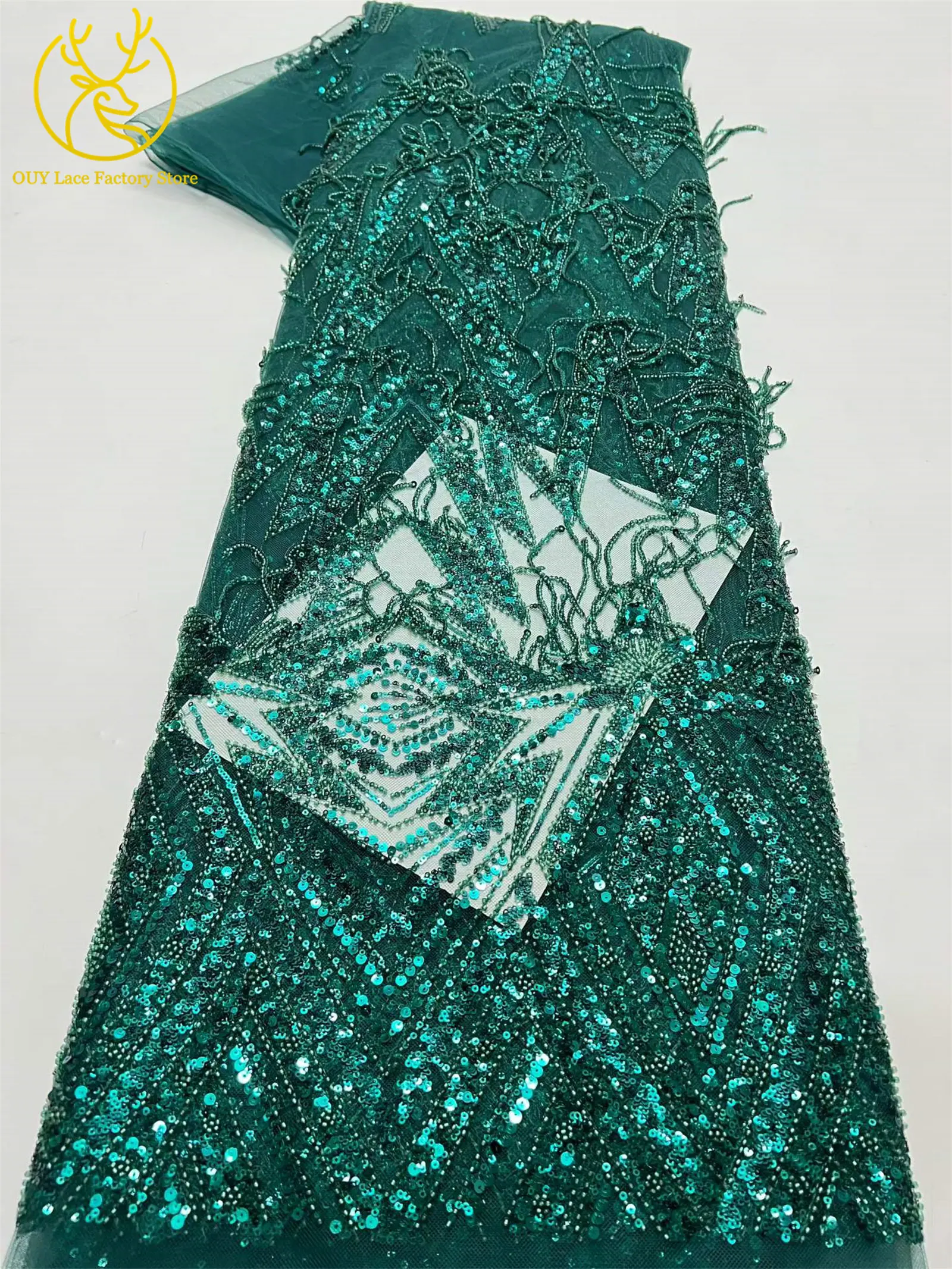 Luxuriöse französische goldene 3D-Hängeperlen-Spitze, hochwertiger afrikanischer Tüll-Pailletten-Spitzenstoff für nigerianische Hochzeitskleider zum Nähen – Detail 10