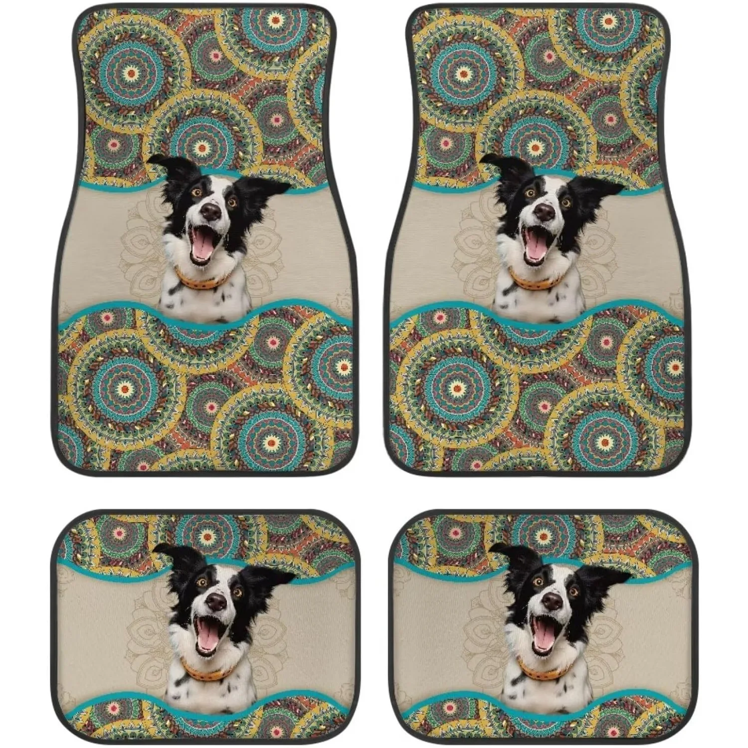 Boho Mandala Border Collie Design Car Floor Mats Universal Set Of 4 With Non-Slip Rubber Backing For Enhanced Protection In Most