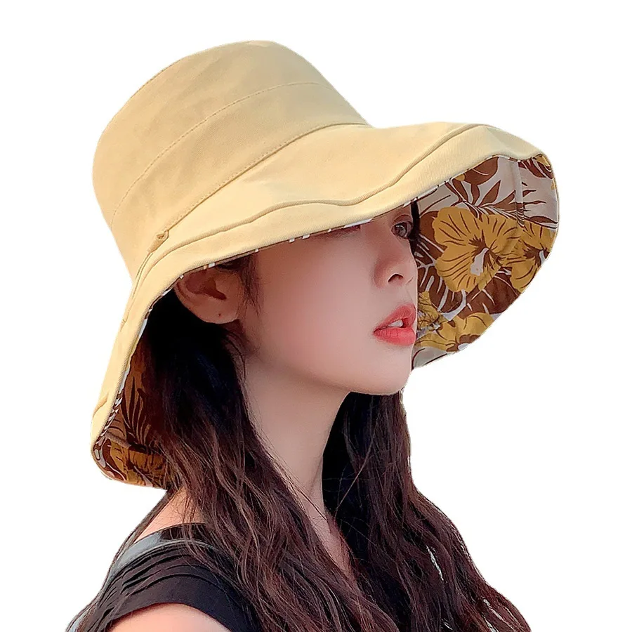 Summer New Printed Double-Sided Universal Bucket Hat Big Brim Face-Covering Sun Hat Women's Outdoor Travel Sun Hat