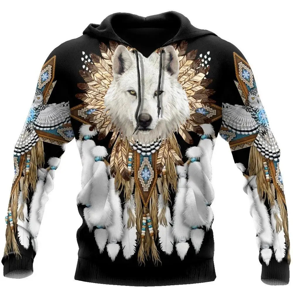 Hoodies unissex 3D Native Indian Wolf Print, Harajuku Pullover, moletom com zíper, jaqueta casual, traje de treino, outono, homens, mulheres