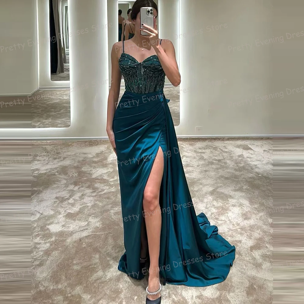 Sparkle Fashion Evening Dresses Sleeveless Woman's Appliques Sexy Mermaid Prom Growns Customized High Side Split Vestidos Gala