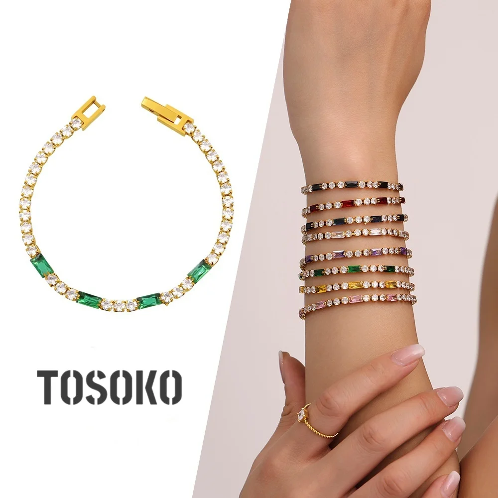 

TOSOKO Long Colorful Square Color blocked Zircon Bracelet Mixed Color Bracelet Handmade Jewelry E594