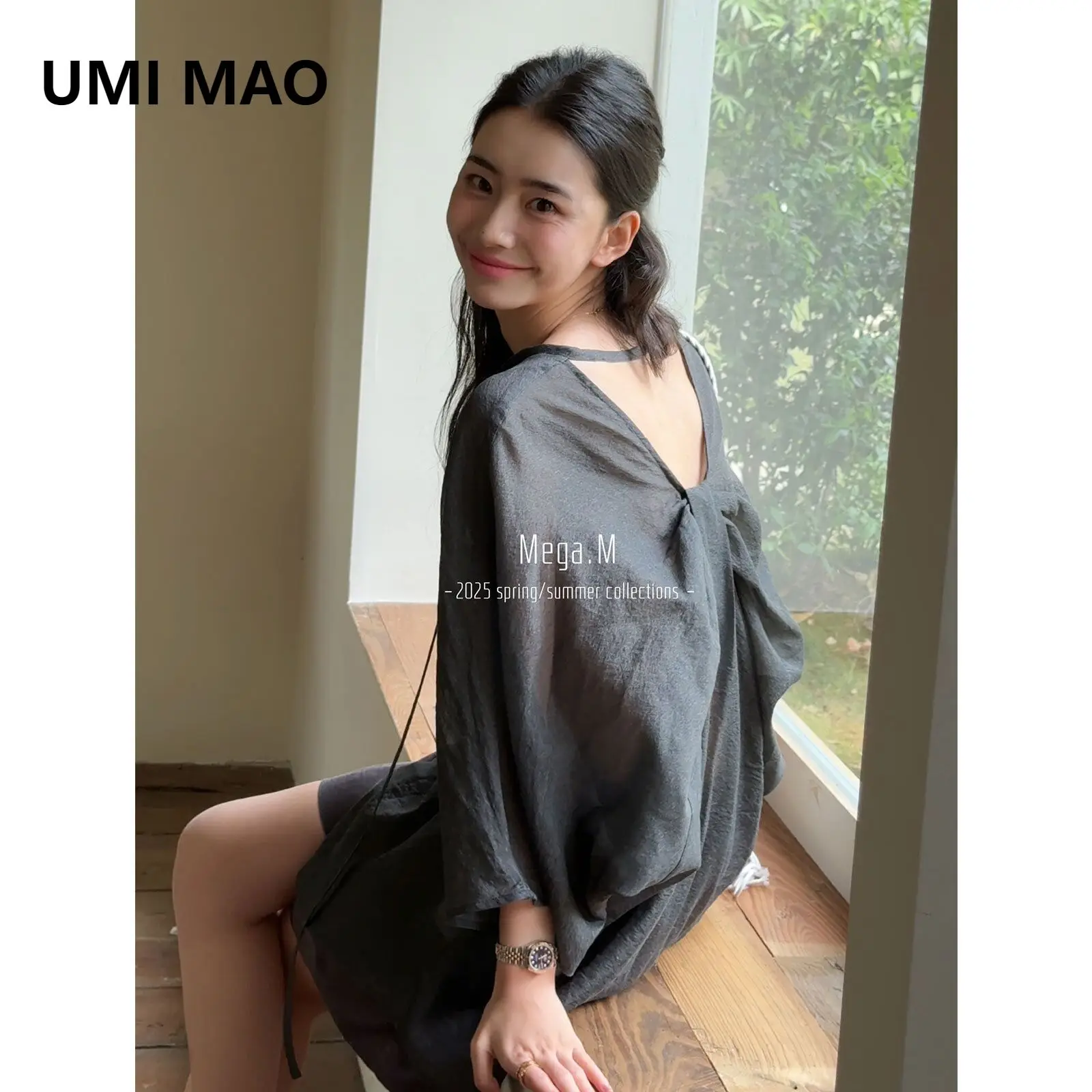 

UMI MAO Top Women Minimalist Sunscreen Hoodie Women's Bat Sleeve Gentle Irregular Design Summer Shirt Femme