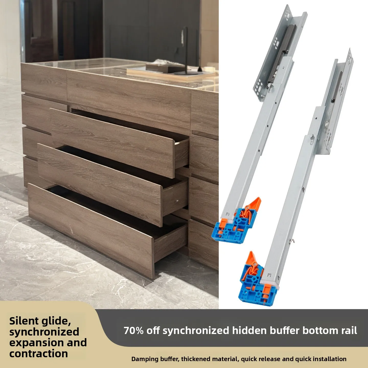 

Drawer Three-section Synchronous Linkage Slide Rail Support Full Pull Slide Rail Damping Buffer Drawer Hidden Guide Rail