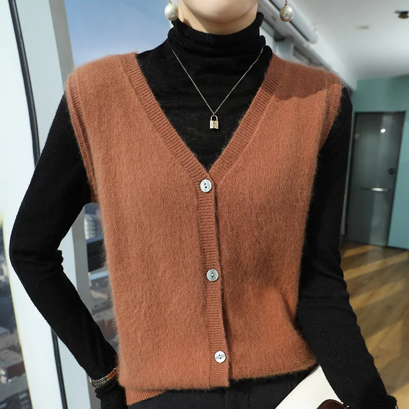 

Women's V-neck Sweater Vest, 100% Mink Cashmere Cardigan, Sleeveless Tank, Monochromatic Jacket, Fashionable Top, Autumn, Winter