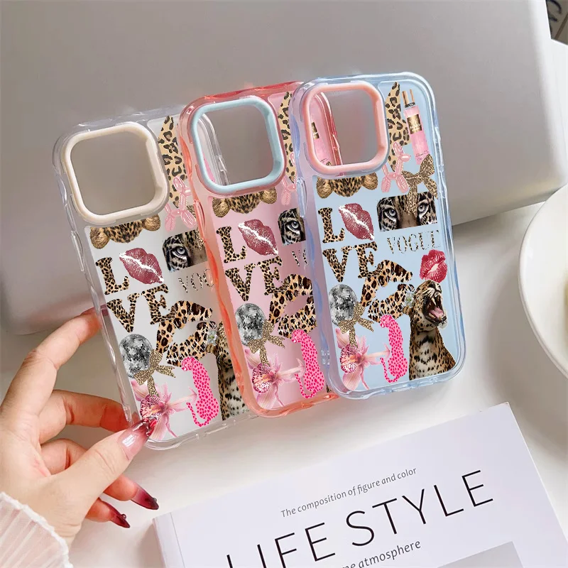 Fashion Y2K Leopard print lipstick Phone Case for iPhone 13 14 15 16 Pro Max Plus 16plus 15plus Cute Jelly shockproof Back Cover