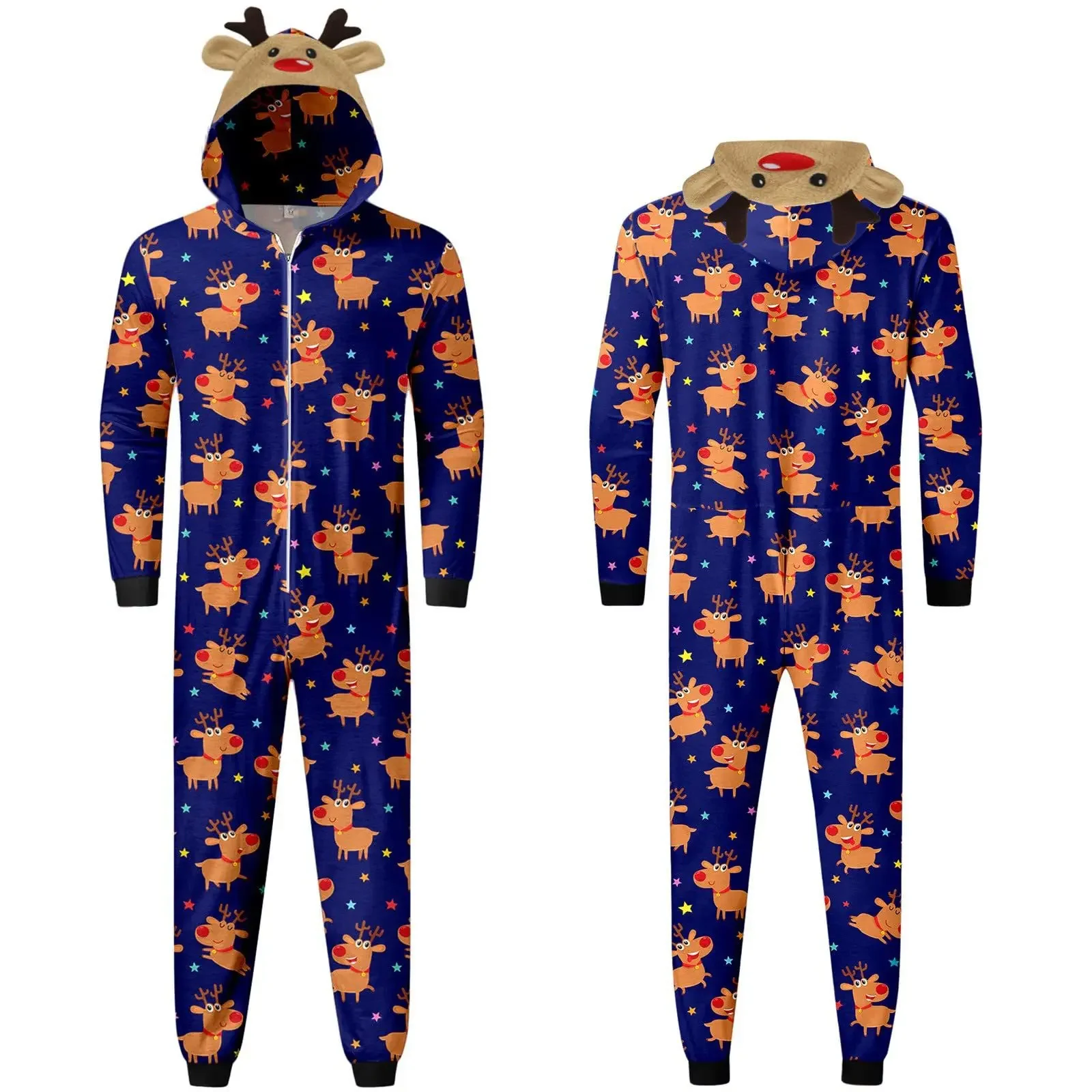 New All Over Elk Print Christmas Rompers New Year Family Pajamas Cute Deer Hooded Jumpsuit Mother Father Kids Matching Outfits