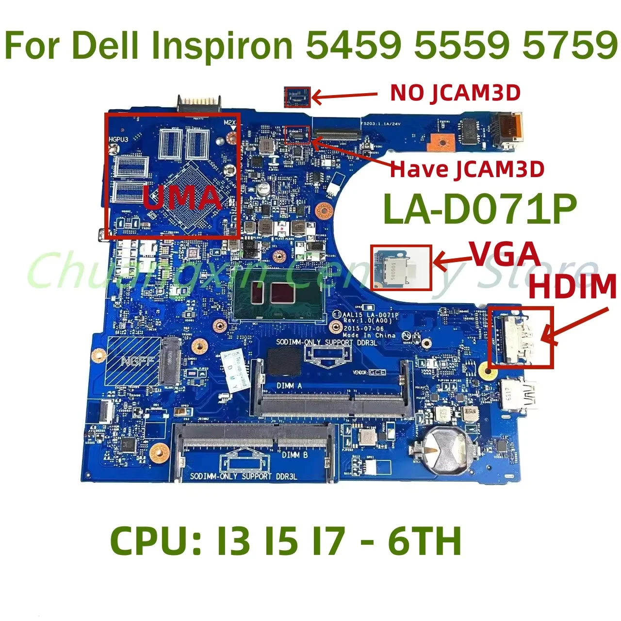 For Dell Inspiron 5459 5559 5759 Laptop motherboard LA-D071P with I3 I5 I7-6TH CPU UMA 100% Tested Fully Work