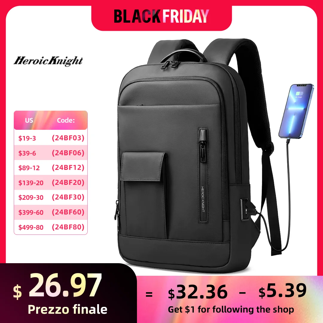 Heroic Knight Slim Backpack for Men Multifunction Work Backpack for 15.6