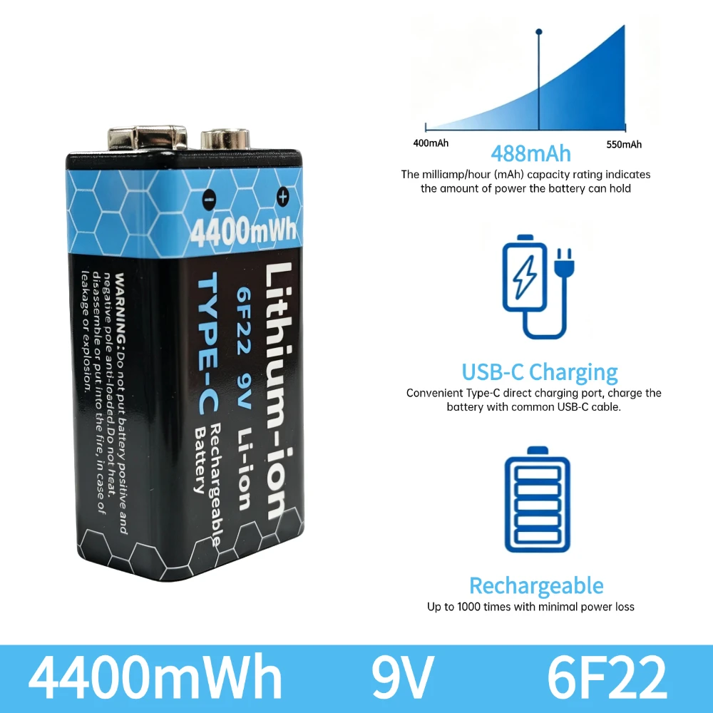 PUJIMAX 9F22 9V 4400mWh Rechargeable Lithium-ion Batteries with Type-C Fast Charging for RC Helicopeter Model Multimeter Toy