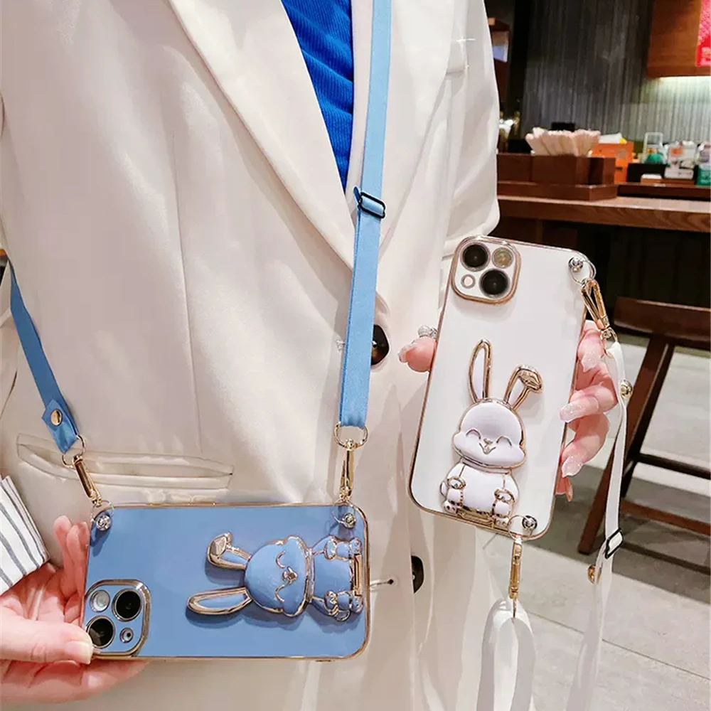 Rabbit Holder Plating Phone Bracket Case For Samsung Galaxy A51 A71 A31 A21S A31 A11 A10 A20 A30 Crossbody Lanyard Strap Cover