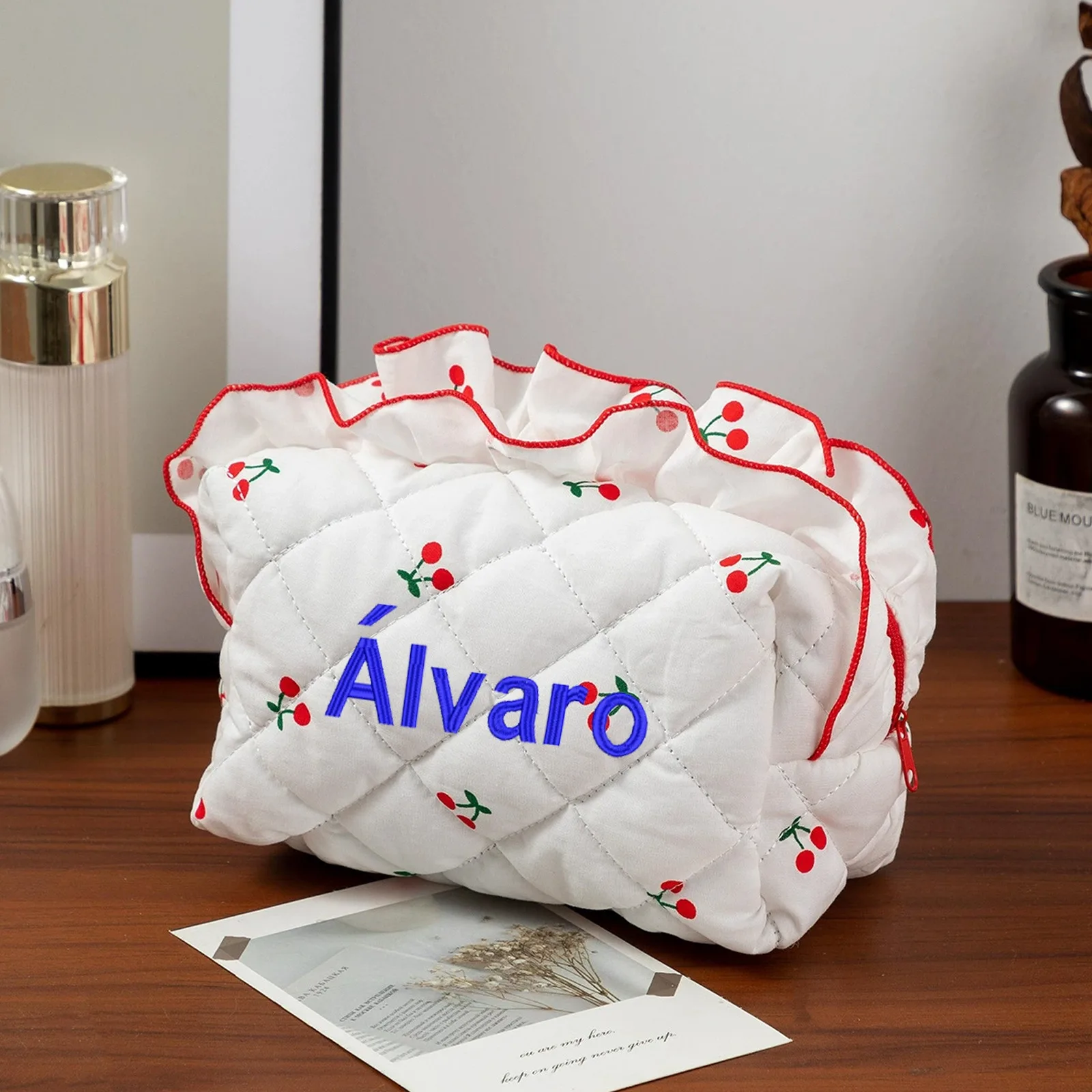 

Personalized Embroidered Cosmetic Bag - Novelty Floral Cherry Blossom Design, Cute Rolled Edge Travel Toiletries Organizer