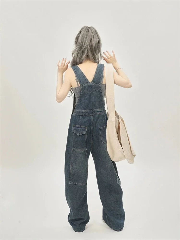 Dames Casual Blauwe Overalls Mode Wijde Pijpen Meisje Bretels Jumpsuits Broek Dames Streetwear Rompertjes Rechte Denim Broek