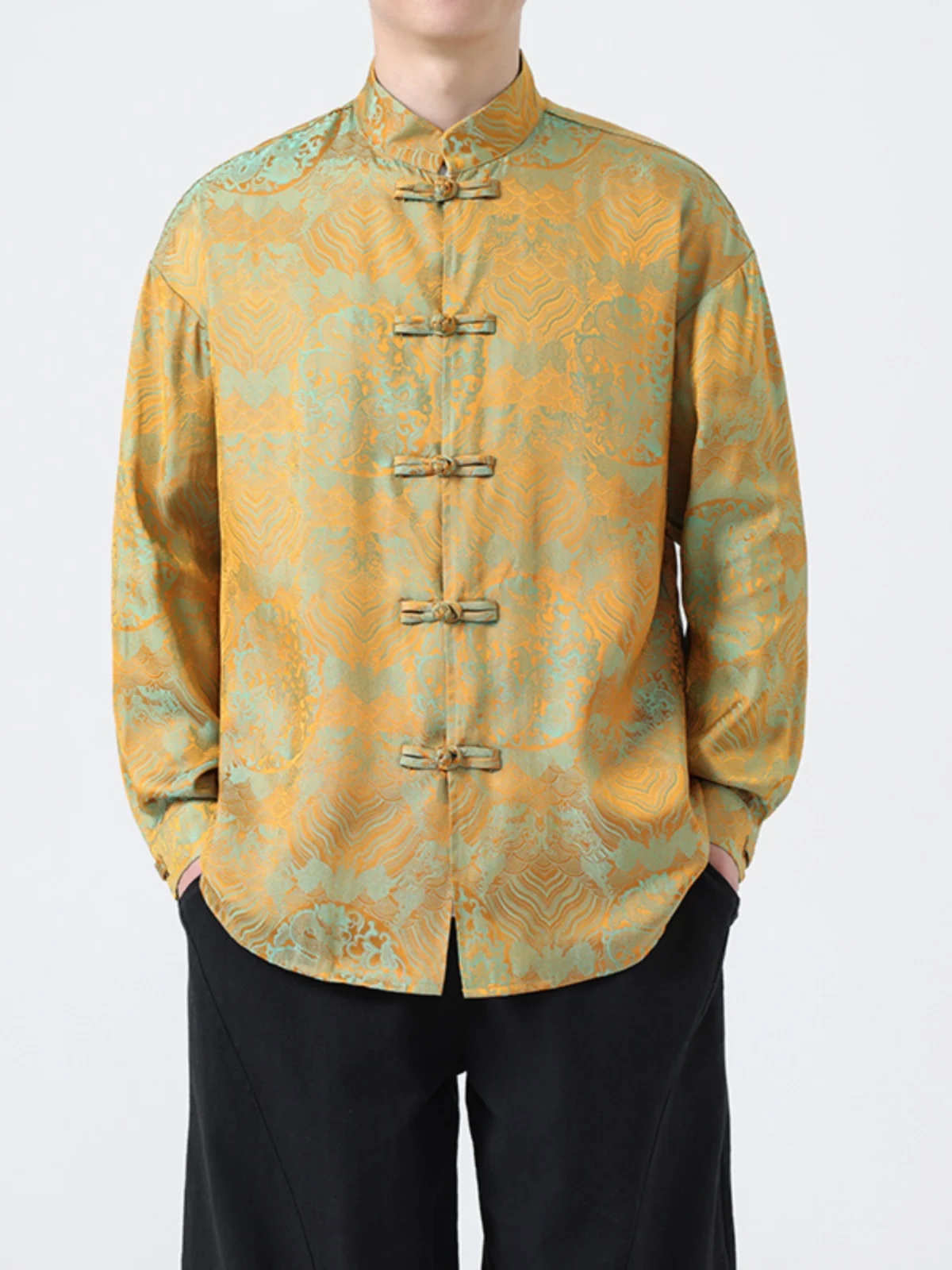 

Мужской ретро-костюм в китайском стиле, весенне-осенняя одежда для выступлений, с пуговицами, больших размеров, костюм Тан, полиэстер, вискоза