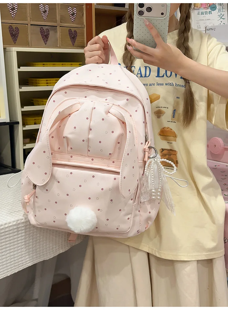 Large capacity school backpack for girls Cherry pink peach rabbitt wavepointcutebackpacksforteengirlsTravelandplaygirlsbackpack