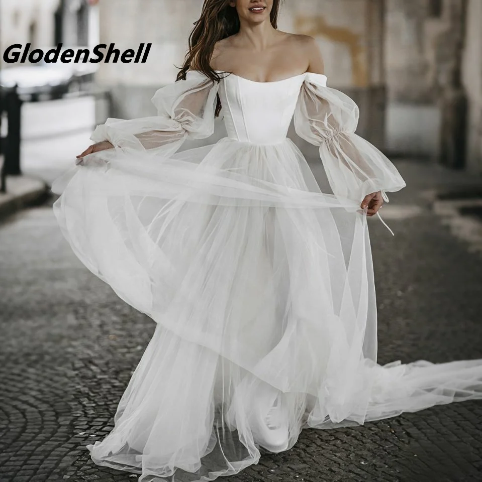 

Customized A-line Scoop Wedding Dresses Puff Long Sleeve off Shoulder Tulle Simple Boho Beach Bride Gown vestidos de novia