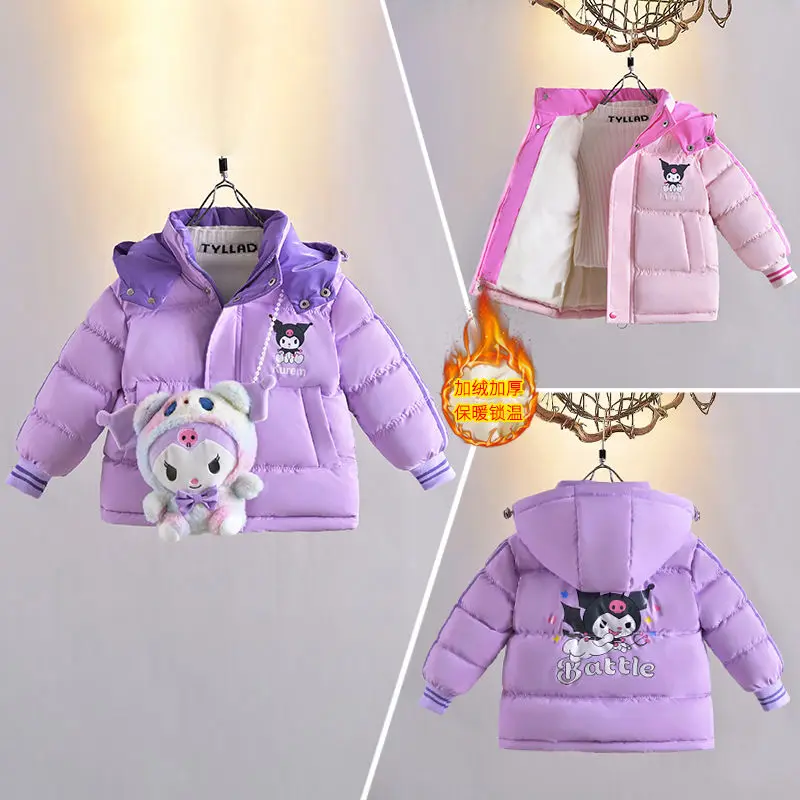 

Kawaii Sanrio Anime Kuromi Children Winter Jacket for Girls Korean Style Thicken Warm Princess Hooded Down Jackets Cute Outwear