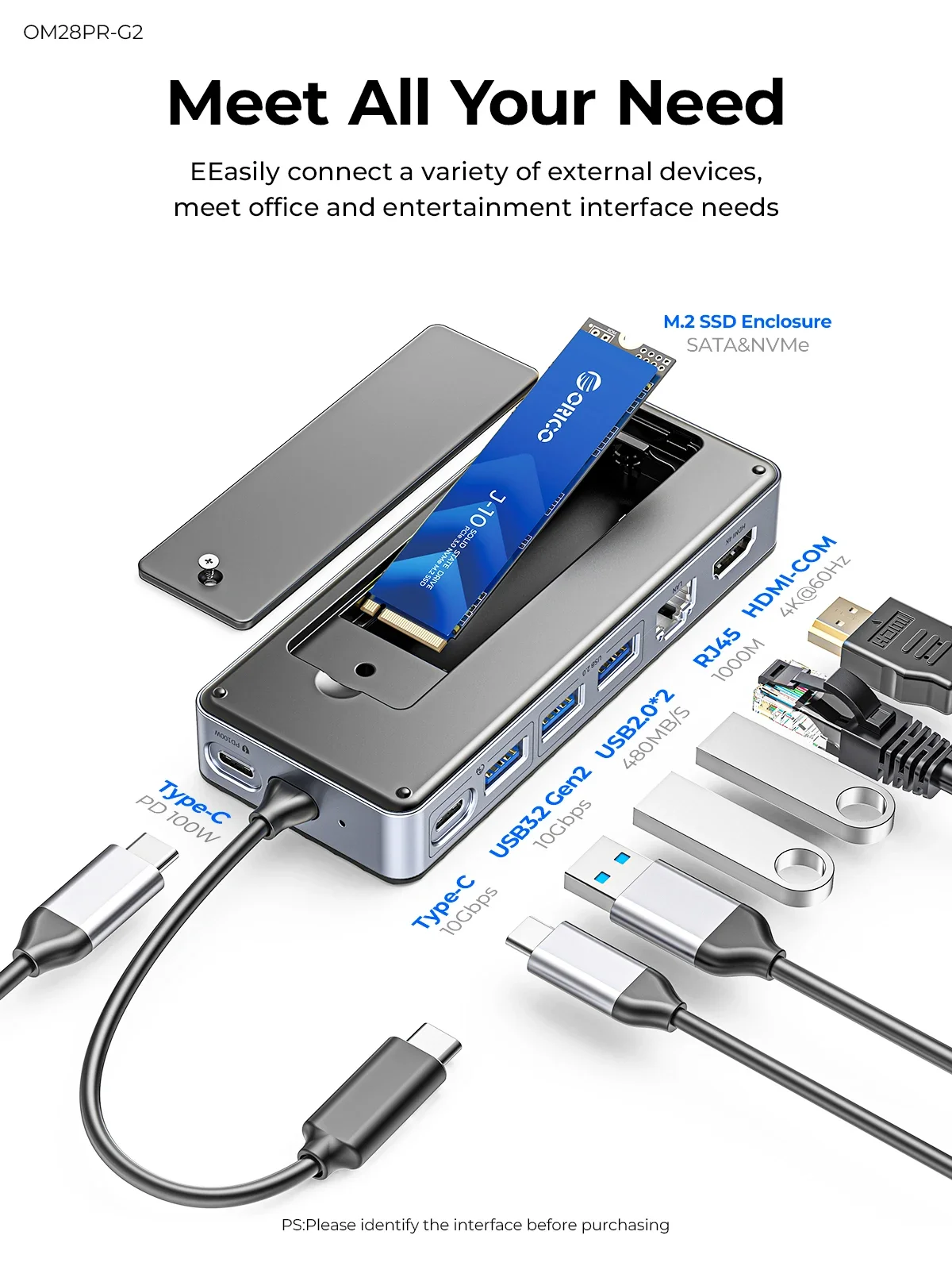 ORICO 8T M.2 SSD Enclosure Docking Station Type-C USB Hub with HDMI-Com 4K@60Hz SD/TF USB 3.2 Adapter for Laptop Desktop PC