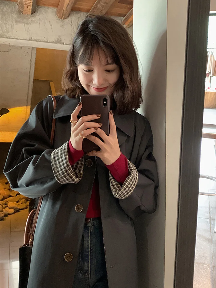 

Chic Korean Sle Plaid Mid-Length Women's Coat Spring Autumn Faion Outerwear Korean Sle Commute Straight Tube Coat