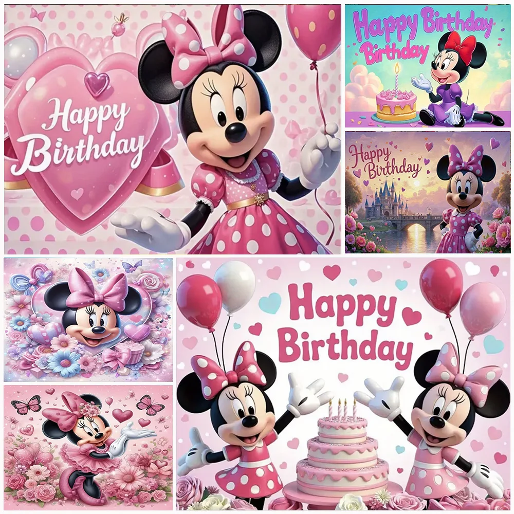 

Disney Minnie Mouse Backdrop Princess Girl Happy Birthday Party Decoration Mickey Background Newborn Baby Shower Photograhy Prop