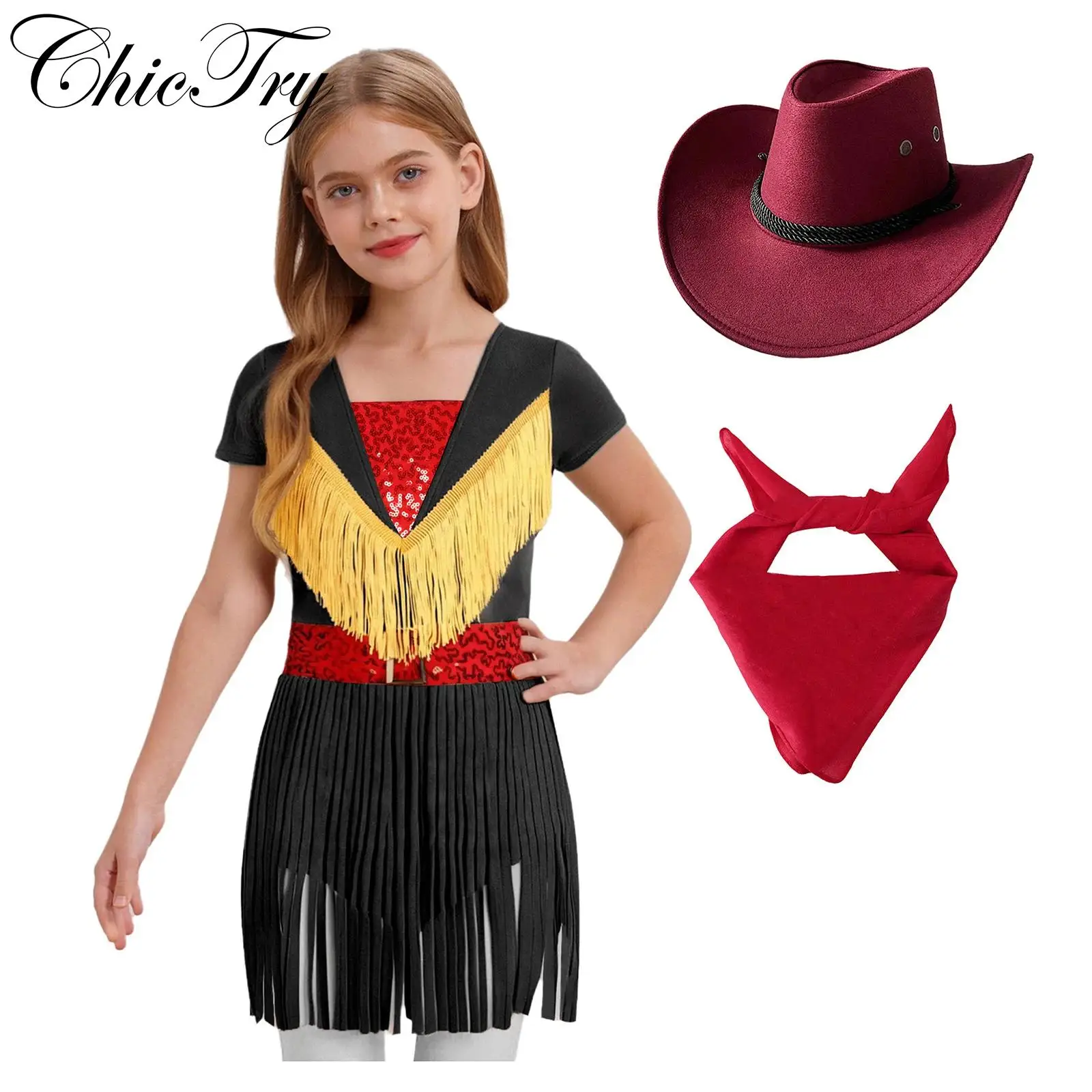 

Kids Girls Western Cowgirl Costume Halloween Cosplay Dress Sequins Short Sleeve Tassel Hem Dress with Bandana Carnival Dress Up