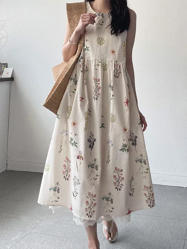

Sweet Floral Lace Trim Vest Dr Women's Summer New Sle Patchwork Embellied Long Gown Commute round Ne Single Piece
