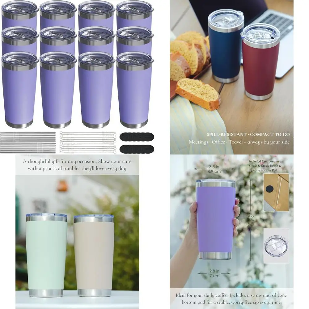 

Double Wall Insulated 20oz Travel Coffee Mugs, 12-Pack Leakproof with Lid & Straw, Stainless Steel for Hot/Iced Beverages, Matte