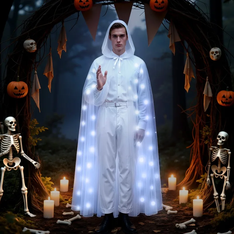 Halloween LED Cloak Unisex Black White Gothic Vampire Witch Cosplay Costume Cape Adults Purim Carnival Party Light Up Glow Cloak
