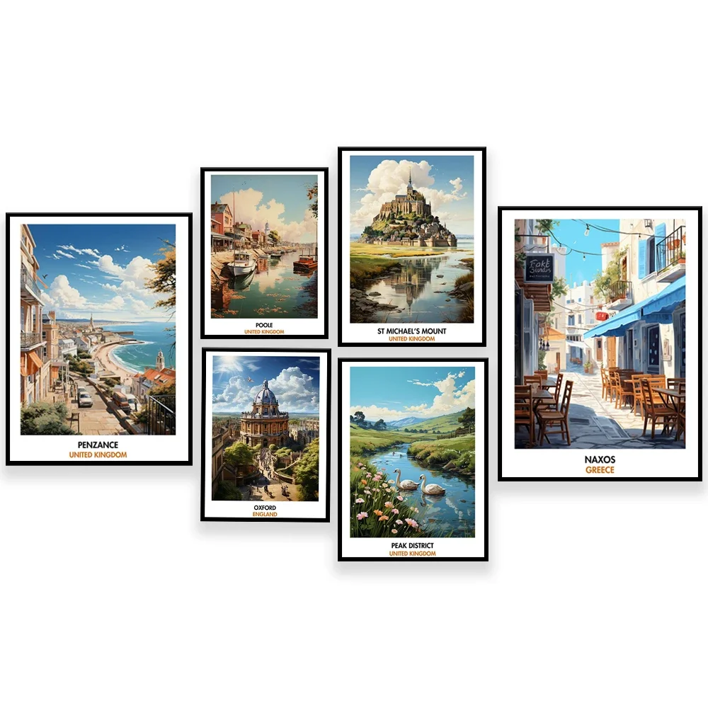 أكسفورد إنجلترا، ناكسوس، المملكة المتحدة، جزيرة سكاي، نيوكواي، جبل سانت مايكل، مانشستر، اسكتلندا، لوخ نيس، ملصق سفر بحيرة كومو