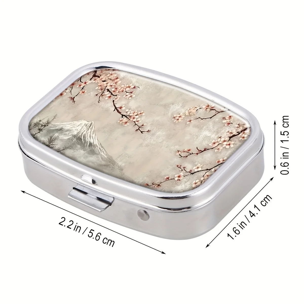 Rectangular Decorative Box for Storing Pills, Featuring Two Compartments, Ideal for Vitamins and Travel, with a Fuji Cherry Blossom Design, Perfect for Placing in a Purse