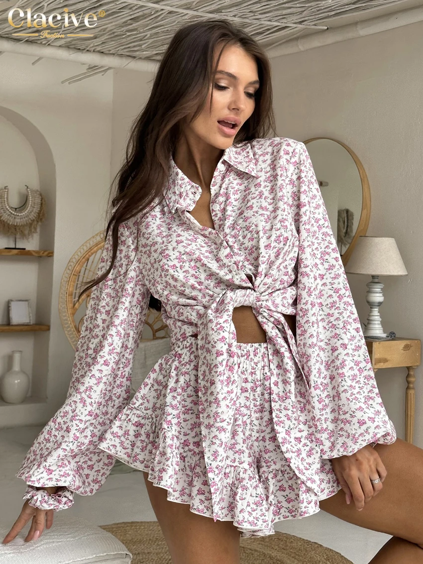 Clacive Fashion Loose Print 2 Piece Sets Women Outfit 2024 Elegant Long Sleeve Shirt With High Waist Ruffle Mini Shorts Set