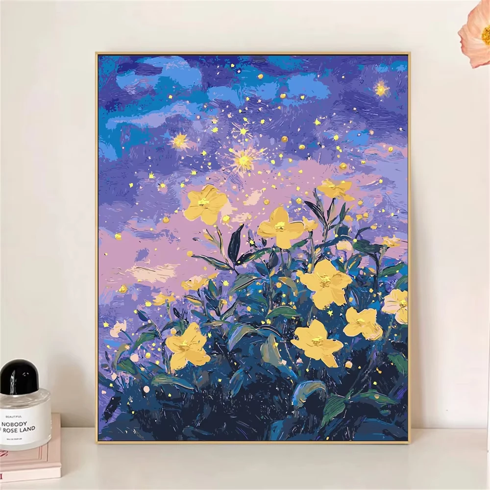 الطلاء بالأرقام لمجموعة الكبار الزهور الصفراء الصغيرة في الليل DIY الاكريليك النفط اللوحة قماش حسب عدد ديكور المنزل بدون إطار #1