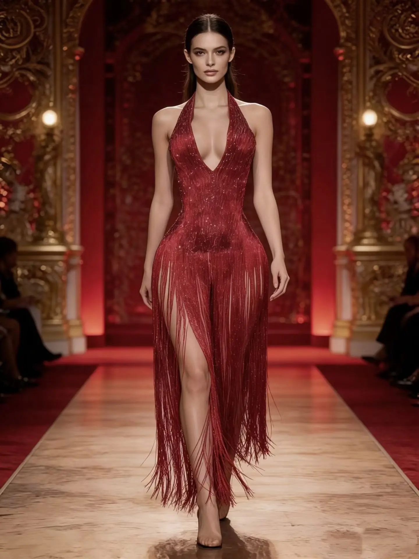 Chimeng Luxury Gradient Red Crystal Rhinestone Halter Mermaid Maxi Dress Full Long Fringe Dance Performance Costume