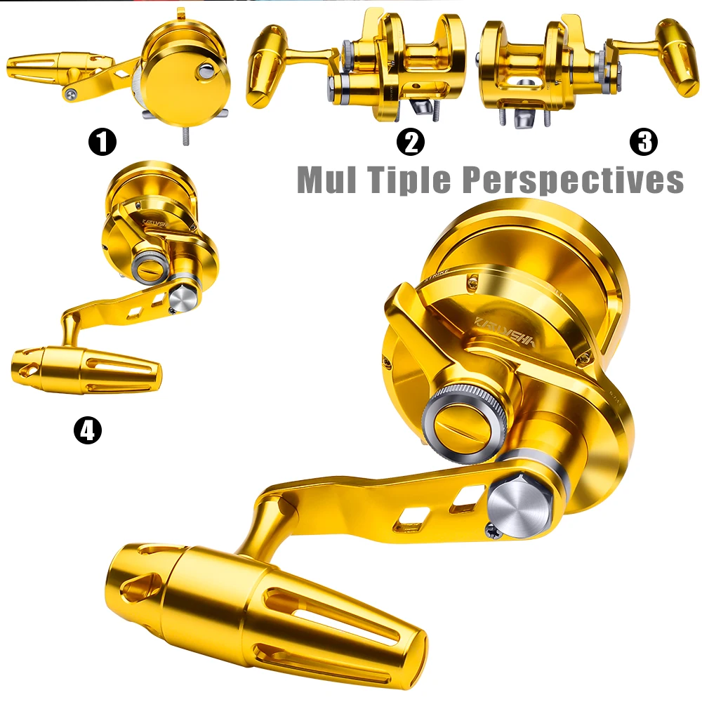 Trolling Reel 5.7:1 CNC Machined Aluminum Jigging Reel 40LB Max Drag Saltwater Fishing Reel T-Bar Handle Left And Right