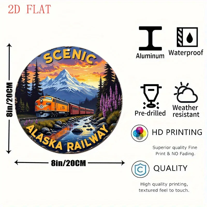 1pc 8-Inch Alaska Railway Train & Alaska Mountain Landscape Round Metal Wall Art Sign - Vintage Locomotive 497, Scenic Railroad