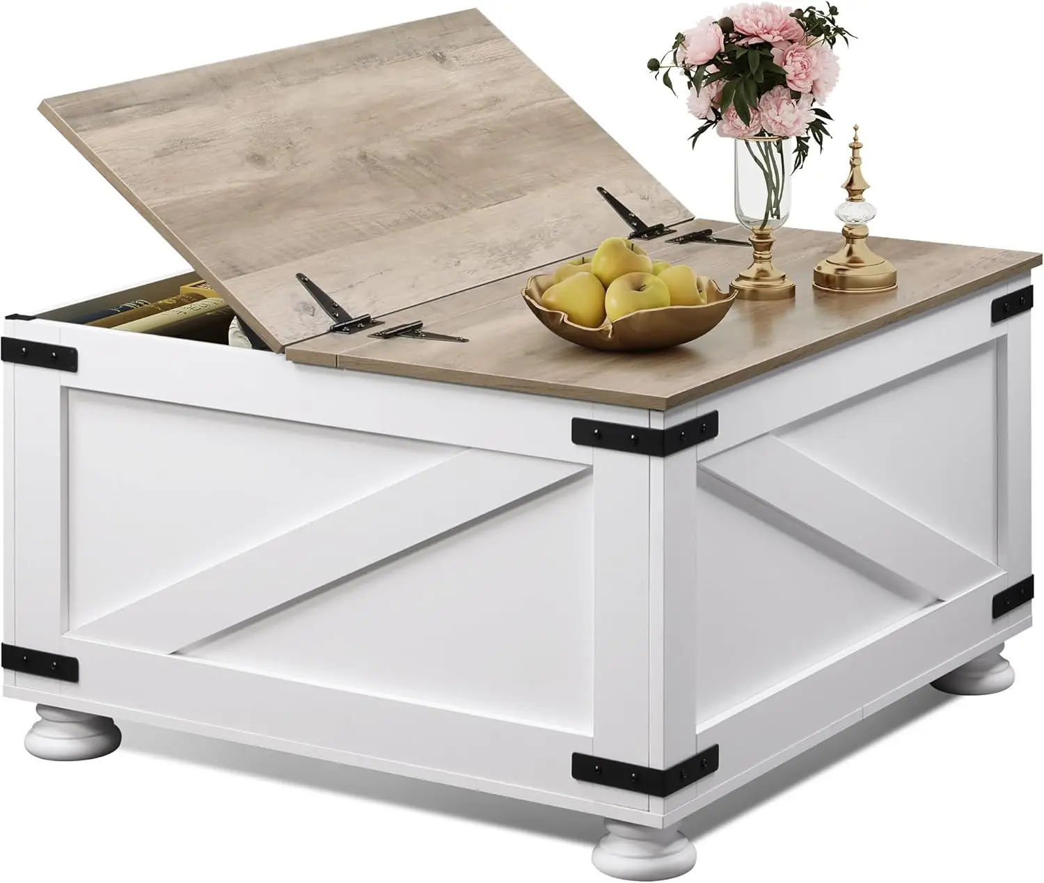 

Farmhouse Coffee Table, 31.5" Square Wood Center Table with Flip-Top Lids and Large Hidden Storage Compartment for Living Room,