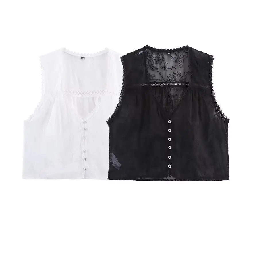 

KONDALA Chic Sexy Summer Woman Shirt Self-transparent Sleeveless Tops Embroidery Fashion 2025 Female Lace Streetwear V-Neck Vest