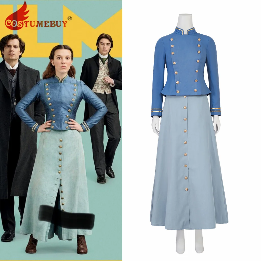 

Movie Enola Holmes Cosplay Costume Women Blue Dress Gothic Steampunk Victorian Suit Medieval Trench Jacket Skirt Outfits