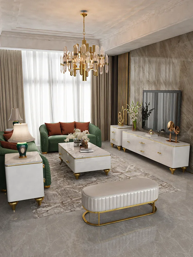 Italian Mild Luxury Marble TV Cabinet and Tea Table Combination Paint Suit Living Room Storage Floor Cabinet