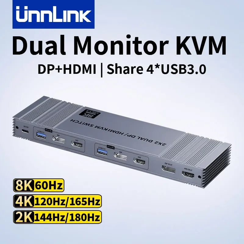 Unnlink 2x2 HDMI DP Dual Monitor KVM Switch 4K 120Hz 2K 144Hz Share USB 3.0 Interface Dual Display Matrix 2 In 2 Out