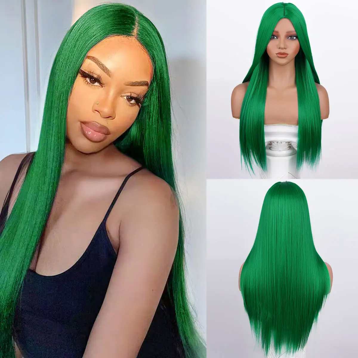 

26in Green Wig Long Straight Hair Wigs Middle Part Natural Heat Resistant Synthetic Fiber Wig for Women Girl Christmas&Halloween