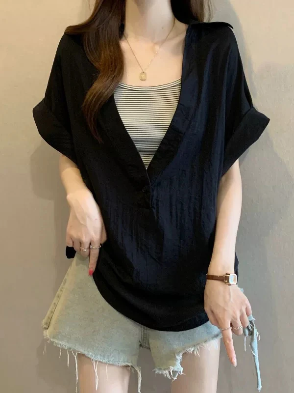 

Elegant Black V-Neck Shoulder Shirt Women's plus Size Striped Vest Top Bottom Two-Piece Set Korean Style Commute Fashion