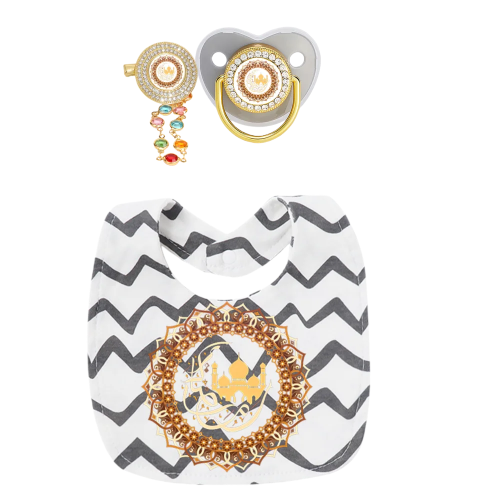 Ramadan Gift Muslim Print Newborn Pacifier Baby Chain Clip Toddler Bib 3Pcs Set Islamic Soother Dummy Silicone BPA Free 0-18M